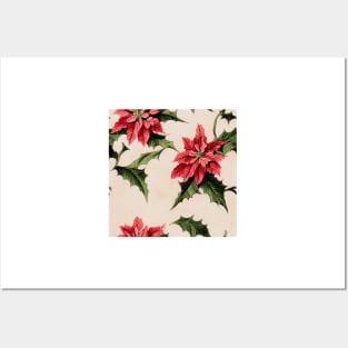 Vintage Florals Christmas Poinsettia Watercolor Posters and Art